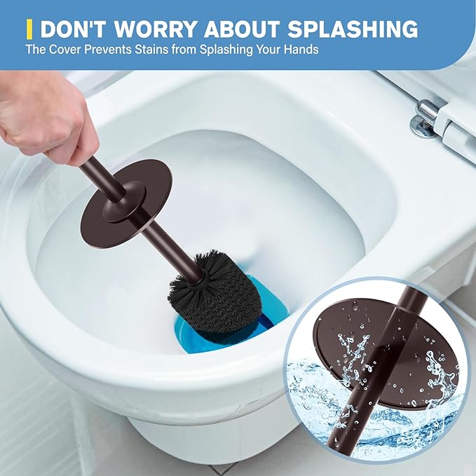 UPTRONIC Toilet Brush, Aluminum Alloy Toilet Brush and Holder Set with Long Handle Durable Bristles Toilet Bowl Brush and Covered Holder for Toilet Scrubber for Bathroom Cleaning (1, Brown)
