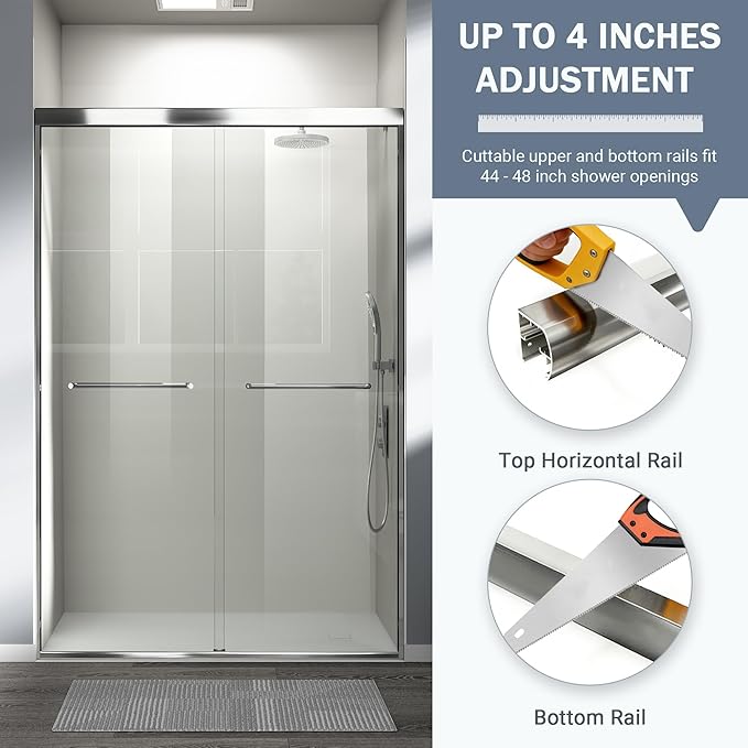 44-48 in. W x 72 in. H Double Sliding Shower Door, Semi-Frameless Bypass Bathroom Sliding Door with 1/4" (6mm) Tempered Glass for Walk-in Shower, Chrome