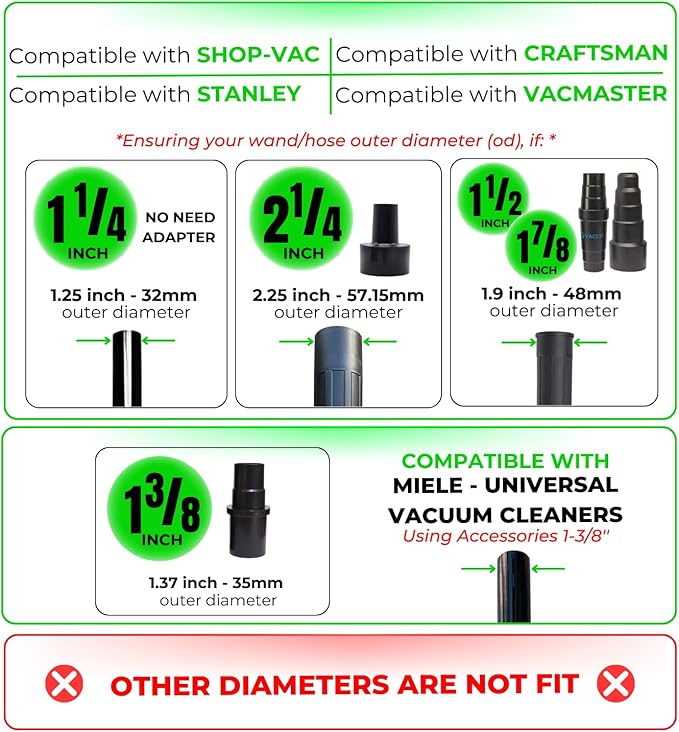 Replacement Vacuum Attachments & Brushes plus Universal Adapter Kit Compatible with Shop Vacs 2-1/4'' 1-7/8'' 1-3/8'' 1-1/4 Inch- Flexible Vacuum Crevice Attachment Tool for Shop Vac Accessories