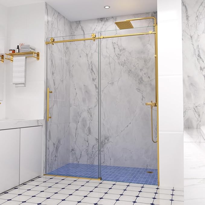Shower Door,56-60" W x 74" H Frameless Single Sliding Shower Doors with Soft Close System,5/16" (8mm) Clear Tempered Glass with Nano Coating,Stainless Steel Hardware,Brushed Gold