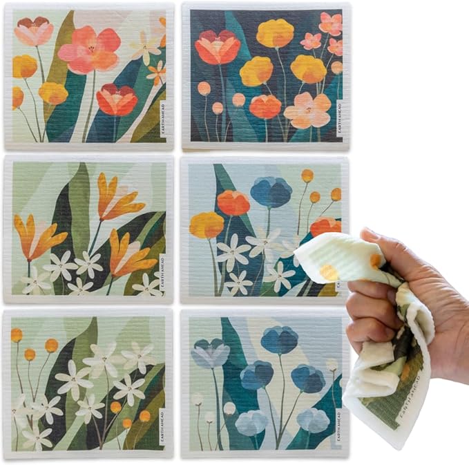 Swedish Dishcloths – Floral Designs Gift Set – Reusable Compostable Cellulose Sponge Cloth – Eco-Friendly Paper Towel Alternative 6 Pack