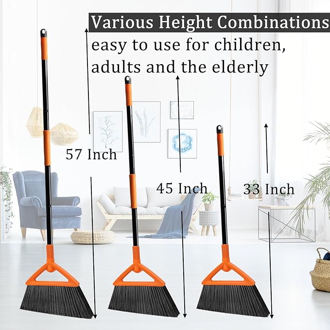 Heavy Duty Angle Broom 3 Pack - Orange Broom for Outdoor & Indoor, Garage, Driveway, Sidewalk, Kitchen & More, Long Handle
