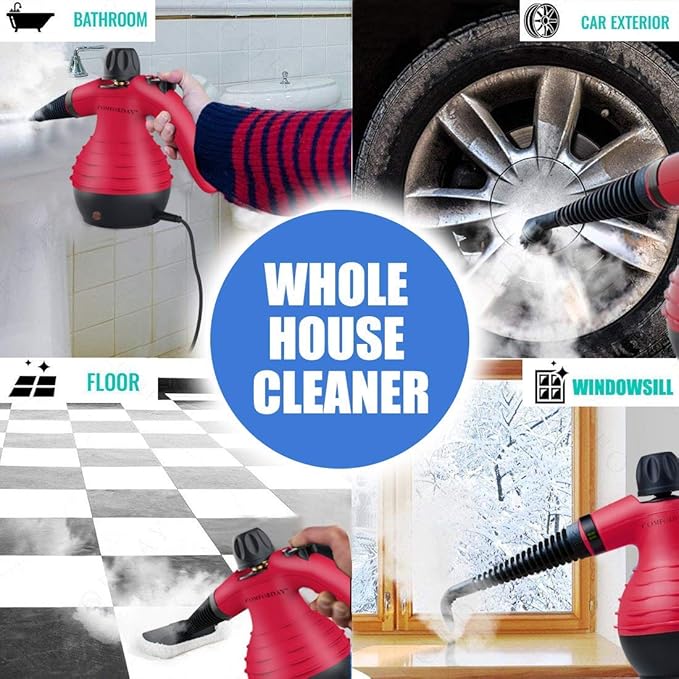 Comforday Handheld Pressurized Steam Cleaner - Multipurpose Steamer with 9-Piece Accessory Kit for Stain Removal, Upholstery, Curtains, Car Seats, Carpets, Floors, and Windows (Red)