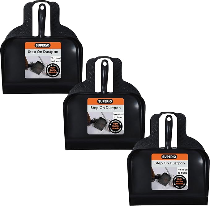 Superio Heavy Duty Plastic Step-on Dustpan with Comfort Grip Handle Black, Durable, Lightweight Multi Surface Dust Pan Easy Broom Sweeping, 10-inch Wide, 3-Pack