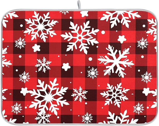 Snowflakes Christmas Checkered Plaid Dish Drying Mat for Kitchen Counter Absorbent Microfiber Drying Pad, Medium 16x18 in