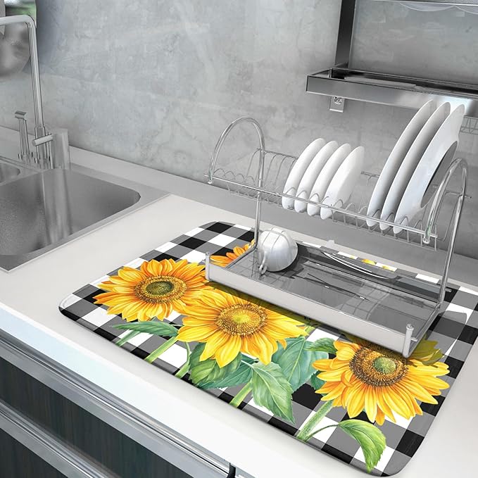 Sunflower Dish Drying Mat for Kitchen Counter Watercolor Black White Plaid Microfiber Absorbent Dish Draining Reusable Washable Foldable Extra Large 18"x24"