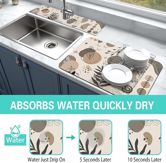 Dish Drying Mat for Kitchen Counter Matt, 2PCS 19"x12" Dish Drainer Mat & 24"x5.5" Sink Splash Guard, Super Absorbent Non-slip Rubber Backed