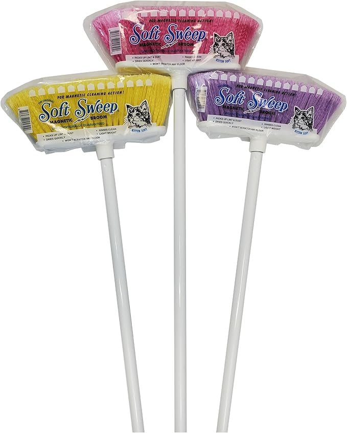 The Original Soft Sweep Magnetic Action Broom 6-PACK: 2 PURPLE, 2 PINK, 2 YELLOW