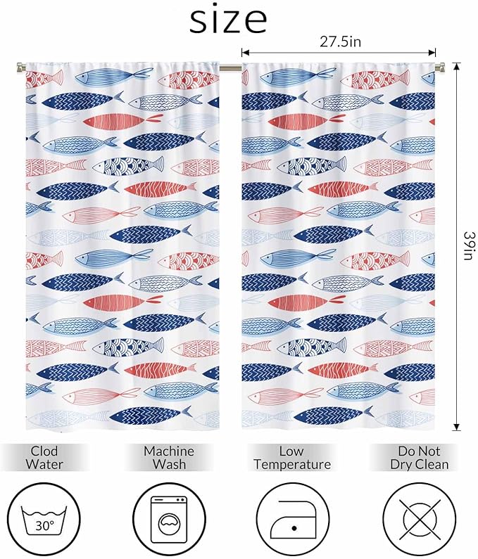 Fish Kitchen Curtains Abstract Colored Fashion Blue Red Pink Striped Wildlife Short Tier Curtains for Bathroom Cafe Small Window Drapes Treatment 2 Panels (27.5x39 Inch)