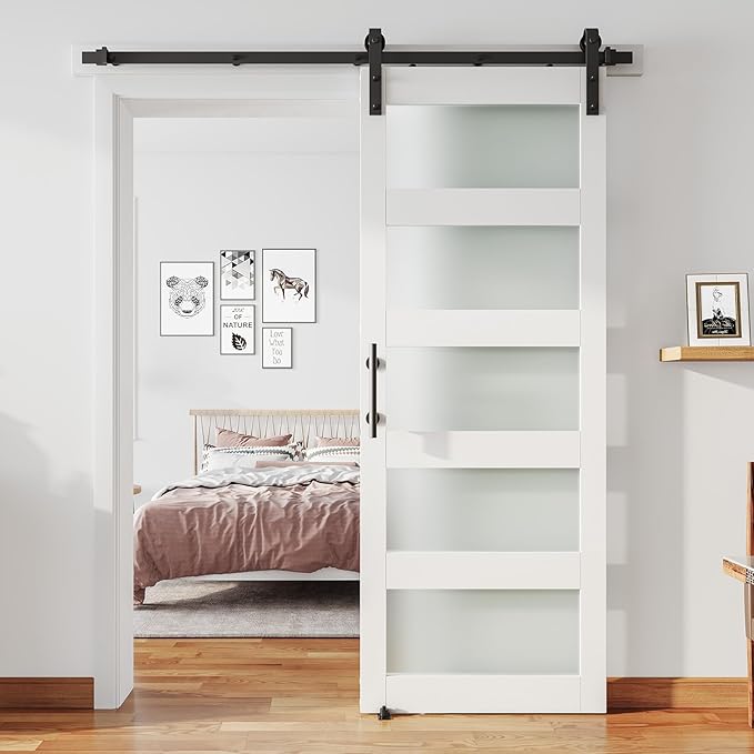34'' x 84'' Glass Barn Door and 6 Ft Hardware Kit Included, MDF White Barn Door Slab with Frosted Glass, PVC Surface, Combined with Handle and Floor Guide-Assembly Required, White