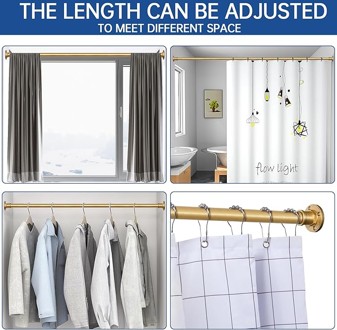 BRIOFOX Industrial Shower Curtain Rod - 2-in-1 Design Tension Curtain Rod - Rustproof Non-Slip 43 to 72 Inch Metal Steel, Frosted Gold Painted Window Curtain Rod
