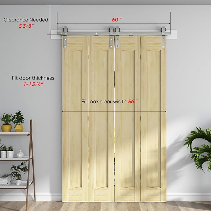 60'' Bi-Fold Sliding Barn Door Hardware Track Kit for Four 14'' Doors,Side Mount Installation,Heavy Duty Roller,Smoothly and Quietly - Brushed Nickel(Doors Not Included)