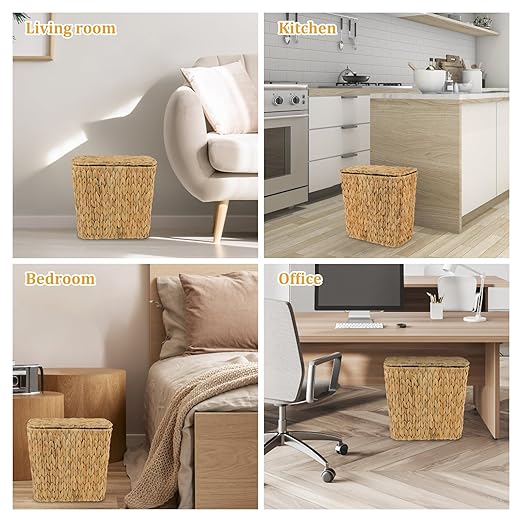 Wicker Trash Can with Lid and Liner, Handwoven Wicker Waste Basket, Water Hyacinth Bathroom Trash Can, Boho Rattan Garbage Wastebasket for Bedroom Home Living Room Office Kitchen, 2.5 Gallon