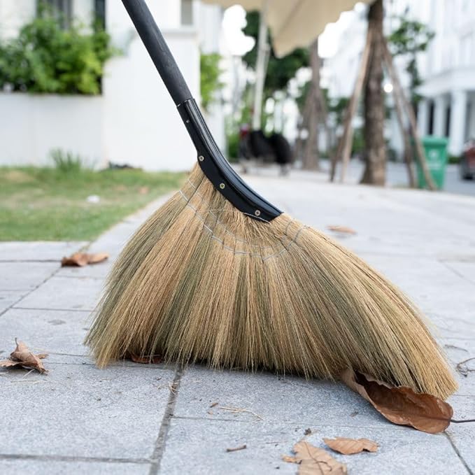 Vietnamese Straw Soft Broom - Indoor Grass Broom - Sweeping Hand with Black Long Handle Broomstick for House, Garage, Office, Lobby Room, Kitchen with 37.98 in Length