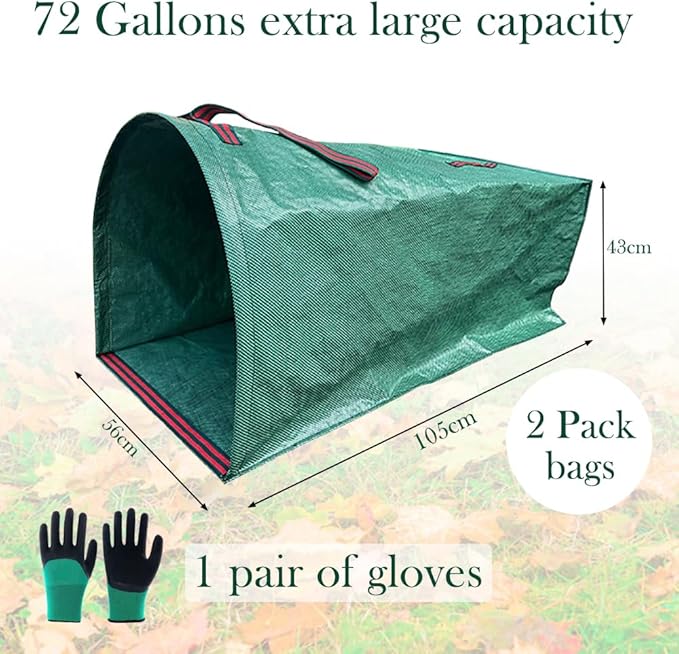 2 Pack Garden Leaf Bags 72 Gallon for Debris, Foldable Yard Waste Reusable Lawn Bags,Large Dustpan-Type with Gloves for Grass Clippings,Collapsible Trash Can for Outdoor Cleanup (72 Gallons)