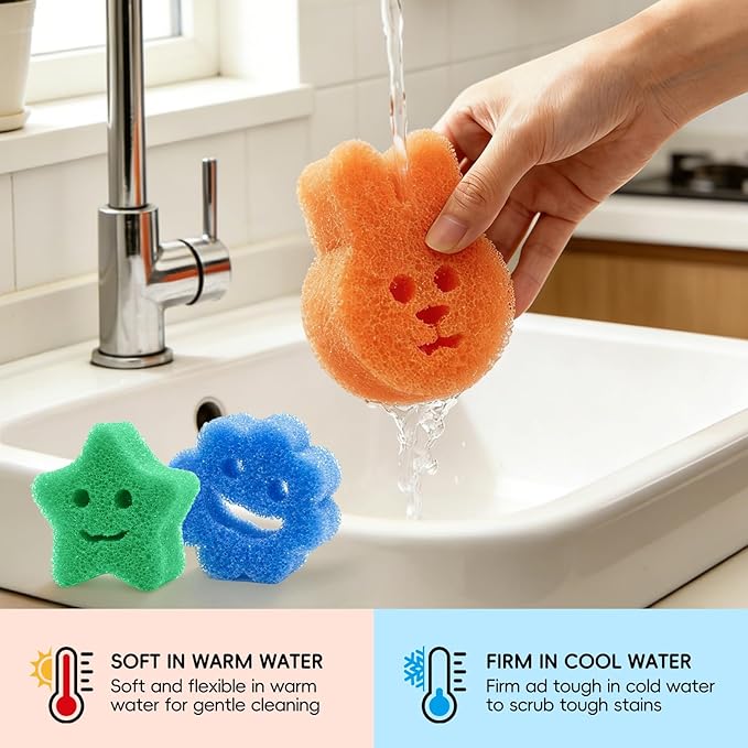 3pcs Functional Scrub Sponges Set, Dad Mom Daily Scrub Sponge Cute Animal Smile Happy Household Cleaning Pads, Scratch Free, Firm in Cold and Soft in Warm