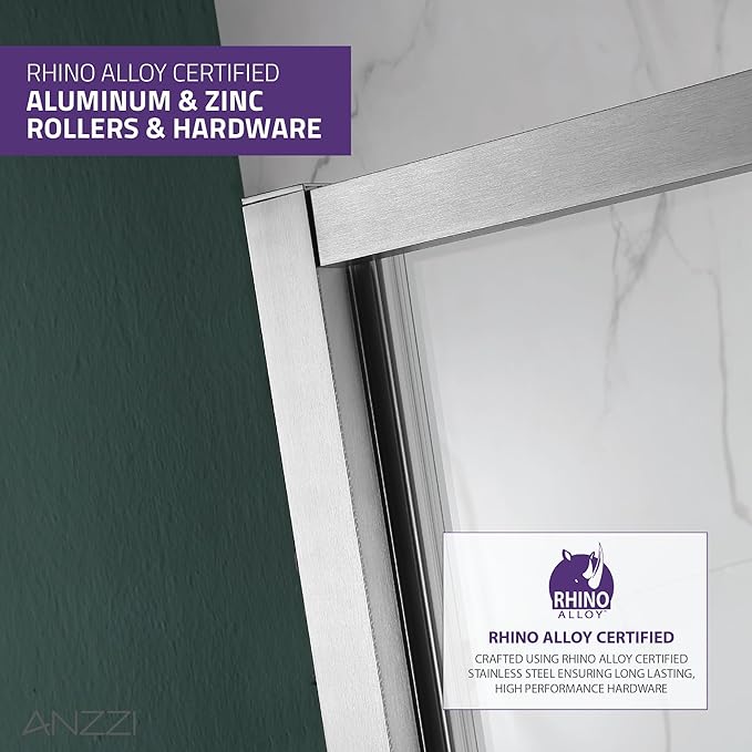 ANZZI 72 x 48 inch Framed Shower Door in Brushed Nickel | Halberd Water Repellent Glass Shower Door with Seal Strip Parts | Easy Glide Rollers Sliding Shower Door | SD-AZ052-01BN