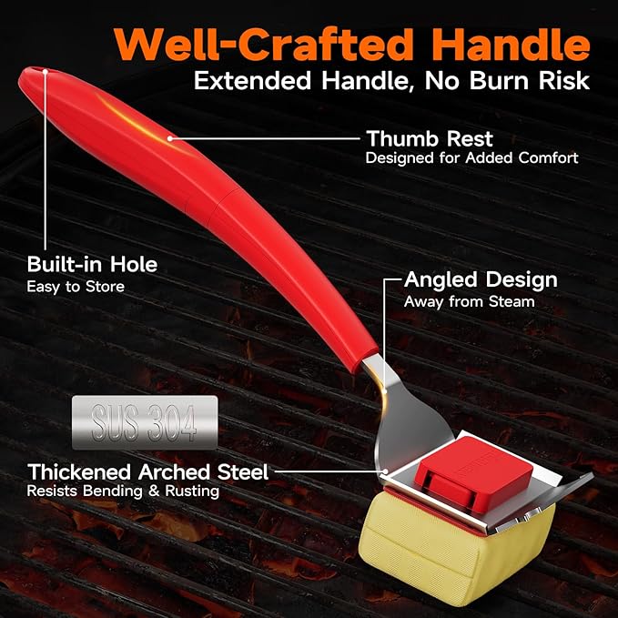 Bristle Free Grill Brush with Scraper for Outdoor Grill Cleaning, Safe Steam BBQ Grill Cleaner, Replaceable Head, Grilling Accessories for Cast Iron, Stainless Steel, Porcelain, Ceramic Grates - Red