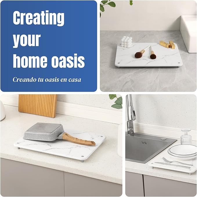 Stone Drying Mat for Kitchen Counter with Non-Slip Stainless Steel Feet, Quick Drying Diatomaceous Dish Racks for Dishes, Bottles and more, 15.7"(L)×11.8"(W), Ivory Marble
