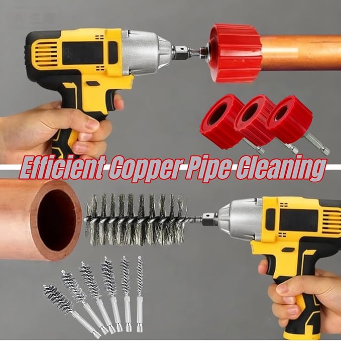 Heavy Duty Copper Pipe Cleaner & Bore Brush Kit 1/2" & 3/4" & 1" Copper Pipe Cleaner Set for Drill, with 1/4" Hex Shank & 10 Brush Blades Plumbing Tools for Removing Rust