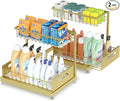 Under Sink Organizer Storage 2-Tier Premium Metal Pull-Out Kitchen Cabinet Organizer with Sliding Drawer, Height Adjustable, Heavy Duty for Kitchen & Bathroom Organizers 2 Pack Gold