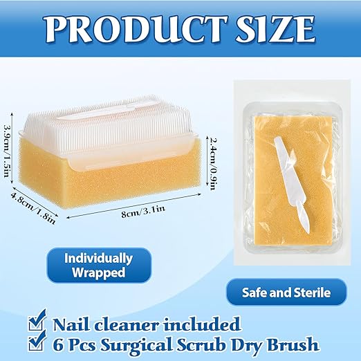6 Pcs Surgical Hand Scrub Brush with Sponge Disposable Double Sided Cleaning Scrub Brush for Nails Sensitive Skin Wound Care Doctors Office Cat