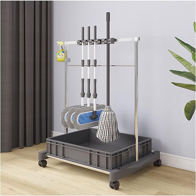 Movable Commercial Mop Rack,Floor Standing Cleaning Tool Cart Storage,Mop and Broom Garden Tool Holder,Housekeeping Cart, Umbrella Stand,Double Deck Stainless Steel Bracket,can Put Wet Mop (Color :