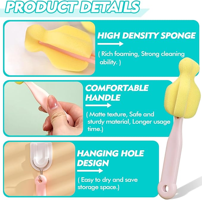 ponge Bottle Brush 6PCS Sponge Nipple Brushes Baby Bottle Nipple Cleaning Brush Long Handle Baby Milk Bottle Brush (6PCS)