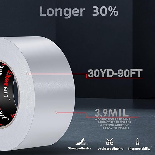 Aluminum Foil Duct Tape Heavy Duty,High Temperature Sealing and Patching,for HVAC,Air Ducts,Metal Repair, Foamboard,Insulation,Dryer Vent and More,2 Inch x 30 Yards,Silver