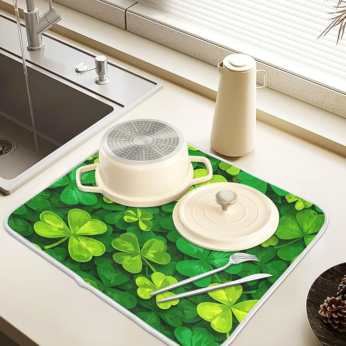 Patricks Day Shamrocks Lucky Clover Leaves Dish Drying Mat for Kitchen Counter Absorbent Microfiber Large Drying Pad Dish mats for Kitchen Countertops 18 x 24 Inch