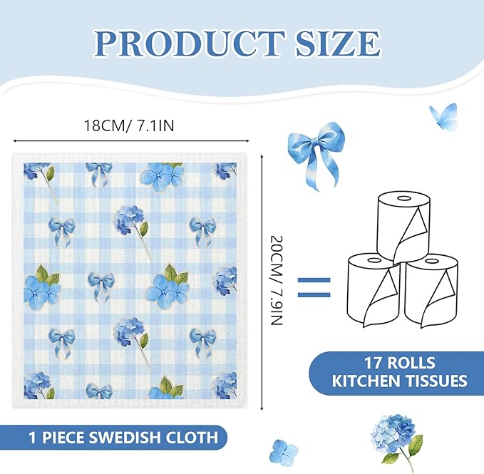 5 Pack Mixed Watercolor Hydrangea Kitchen Dishcloths Dish Towels, Blue Hydrangea Dish Towels for Kitchen, Swedish Dishcloth, Paper Towels Reusable, Dish Cloth Towel Cleaning Wipe for Home Party