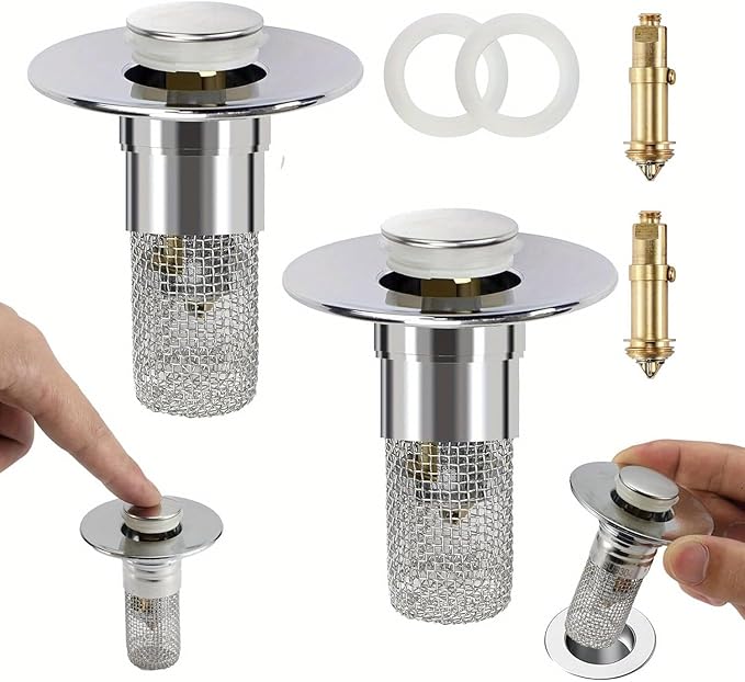 Bathroom Sink Stopper Hair Catcher - Drain Catches & Strainers with Removable Stainless Steel Filter Basket, Pop-Up Design, Easy Cleaning, and US Drain Compatibility. (2pcs)
