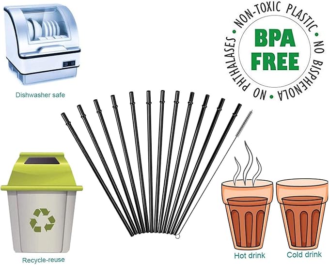 DAKOUFISH 10 Inch Long Black Reusable Plastic Replacement Drinking Straws for 16 oz & 24 oz Mason Jar,Tumblers, Set of 12 with Cleaning Brush (10inch, Black)
