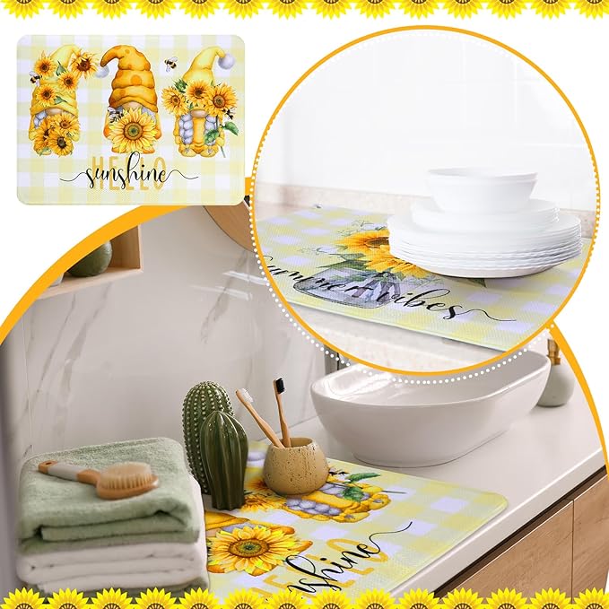2 Pcs Sunflower Dish Drying Mat for Kitchen, Summer Absorbent Microfiber Dish Mat Counter Sunflower Gnome 18 x 24 Inch Dish Draining Mat Dish Drying Pad Reusable Washable Mat