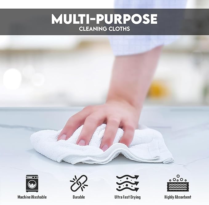Terry Bar Mop Towels - 24 Pack (14"x17") White Cotton Terry Cloths, Super Absorbent Cleaning Rags, Reusable Bar Mop Towels for Kitchen, Garage, Salon, Spa & Commercial Use