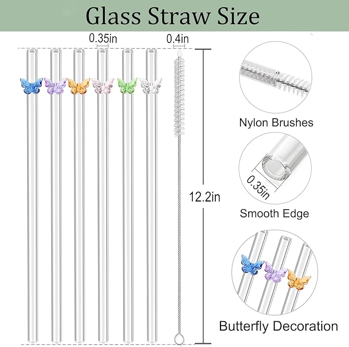 Glass Replacement Straw Compatible with Stanley 40 oz 30 oz Cup Tumbler, 6-Pack Reusable Cute Straws with Cleaning Brush, Clear