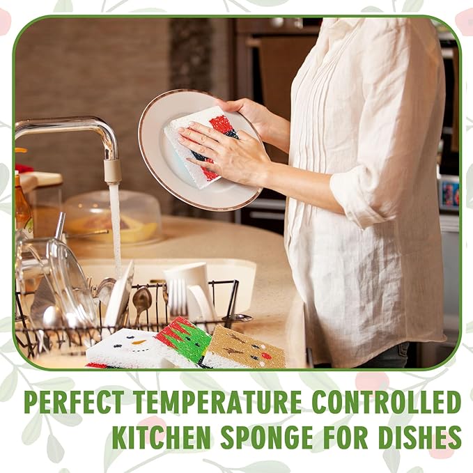 Whaline 8Pcs Christmas Character Kitchen Sponges Santa Reindeer Snowman Elf Water Absorbing Dish Washing Sponge Non Scratch Cleaning Scrub Sponges for Holiday Home Kitchen Bathroom