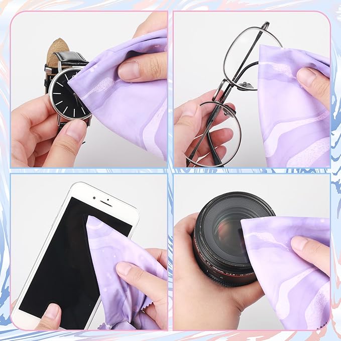 10 Pcs Microfiber Cleaning Cloth with Open Pouch and Hanging Ring Cute Marble Design Microfiber Cloth Soft Glasses Cleaner Cloth for Eyeglasses Camera Lens Cell Phone Screens Glasses, 6'' x 7''