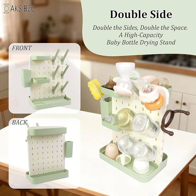 Baby Bottle Drying Rack Space Saving Countertop Vertical Rack with Brushes Holder (Green)