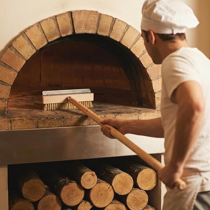 1 Pack 37 Inch Wood Handle Pizza Oven Brush with Scraper Outdoor Pizza Oven Cleaning Brush Tool, Aluminum Threaded Tip, Brass Bristles with Steel Scraper