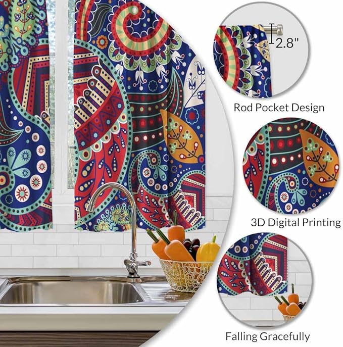 Ethnic Pattern Kitchen Curtains Paisley Lndia Abstract Floral Exotic Ornate Flourish Artistic Short Tier Curtains for Bathroom Cafe Small Window Drapes Treatment 2 Panels (27.5x39 Inch)