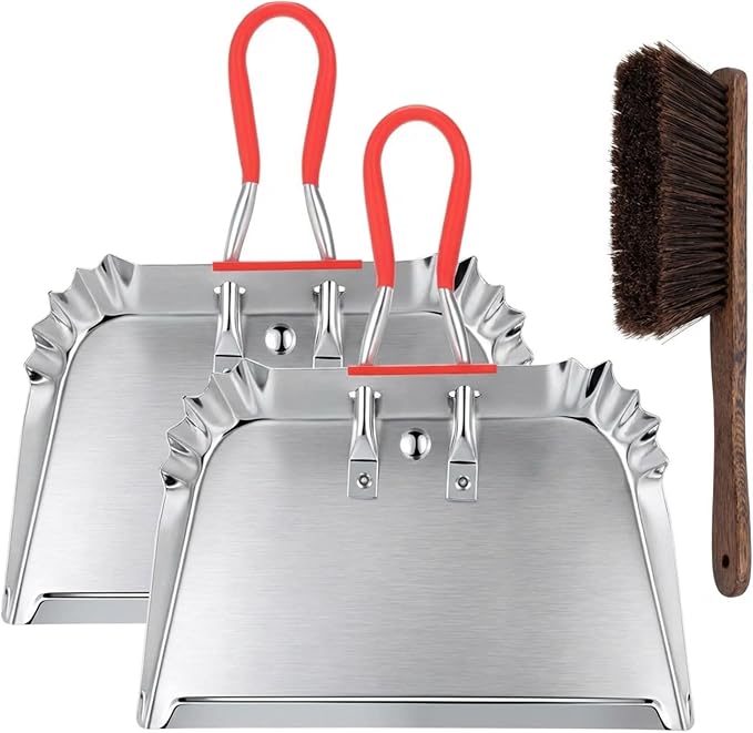 Pasimy 2 Pack 17" Metal Dust Pan and Brush Set, Large Heavy Duty Handheld Industrial Dustpan with Handle Debris Sweeping Tool Metal Edge Flat Against Floor for Outdoor Patio Yard Garage(Sliver)
