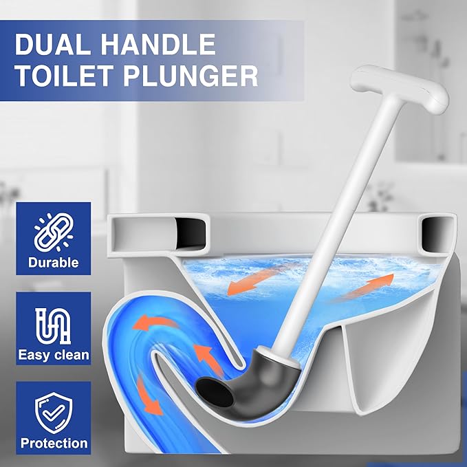 Disposable Toilet Brush and Plunger Set, Dual Handdle Toilet Plunger, All-in-1 Bathroom Cleaning Kit with 18PCS Refills, Toilet Cleaning Stick and Ventilated Holder (White)