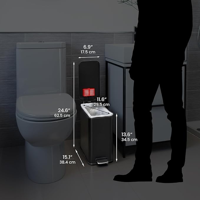 iTouchless 3 Gallon Slim Bathroom Trash Can with Lid, Odor Filter, Soft-Step Stainless Steel Pedal Bin for Narrow Space, Smudge-Resistant Wastebasket for Modern Farmhouse Industrial Decor, Matte Black