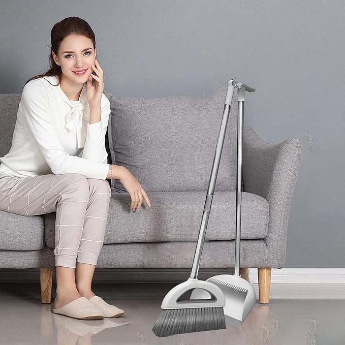 Brooms and Dustpan Set with 35" Long Handle, 182° Rotatable Standing Storage Buckle Type, Built-in Combs and Scraper, Lightweight & Robust, for Home, Kitchen, Room, Office, Floor Use