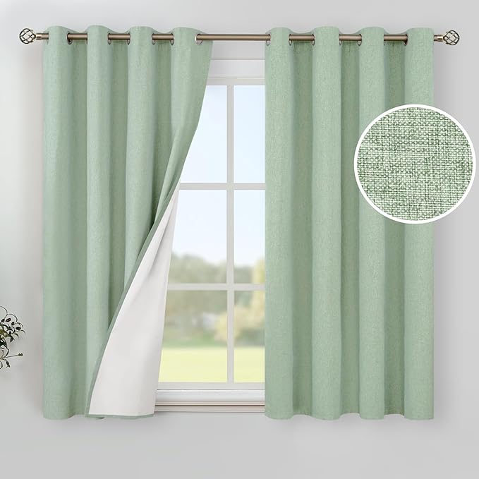 YoungsTex 54 Inch Length Linen 100% Blackout Curtains for Bedroom - Light Green Thermal Insulated Drapes with Grommet Full Room Darkening for Living Room Window, 2 Panels, 52 X 54 Inch
