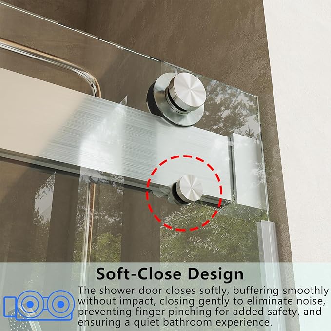 Frameless Soft Close Shower Door, 56"-60 "W, 79 "H, 3/8" (10mm) Clear Tempered Glass, Double Sliding Doors, Brushed Nickel Finish.