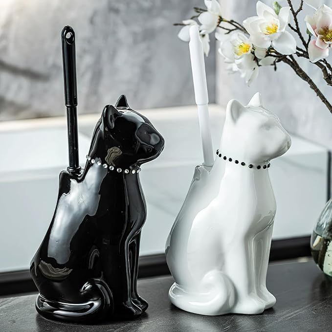 Cat Toilet Brush Holder - Ceramic Whimsical Feline Design with Wide-Mouth Storage, Black Toilet Bowl Brush and Holder Set Cute for Bathroom Ground, Easy-Clean Cat Lover Gift (Black)