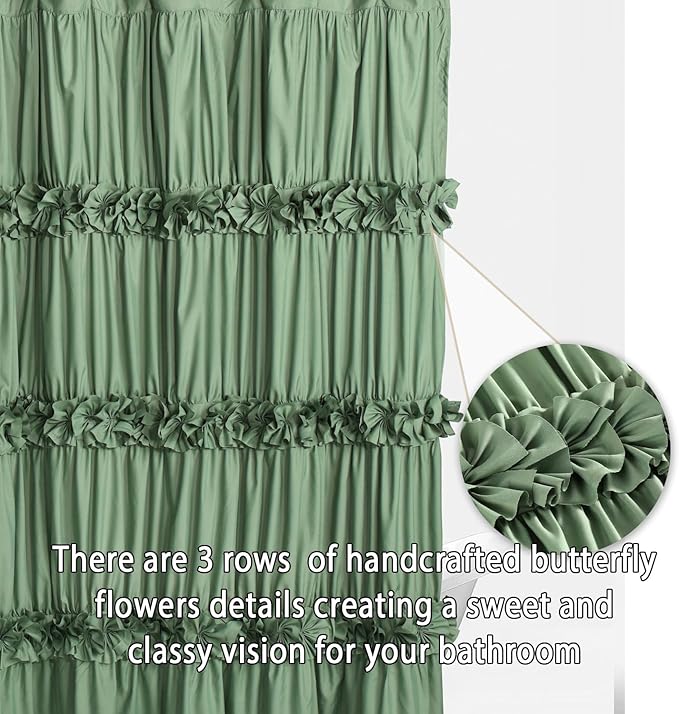 Light Green Ruffle Shower Curtain, Vintage Handcrafted Bow Tie Bath Curtain for Master Bathroom, Ruched Microfiber Bathroom Curtain with 12 Buttonholes, 72" W x 72" H (LQ-10)