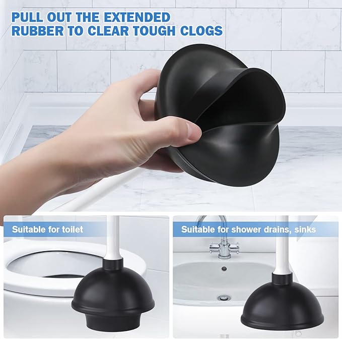 Toilet Plunger and Brush with Holder, Bowl Brush and Heavy Duty Toilet Plunger Set for 5.7-inch Toilet Drain, 2-in-1 Bathroom Cleaning Combo with Modern Caddy Stand (White)